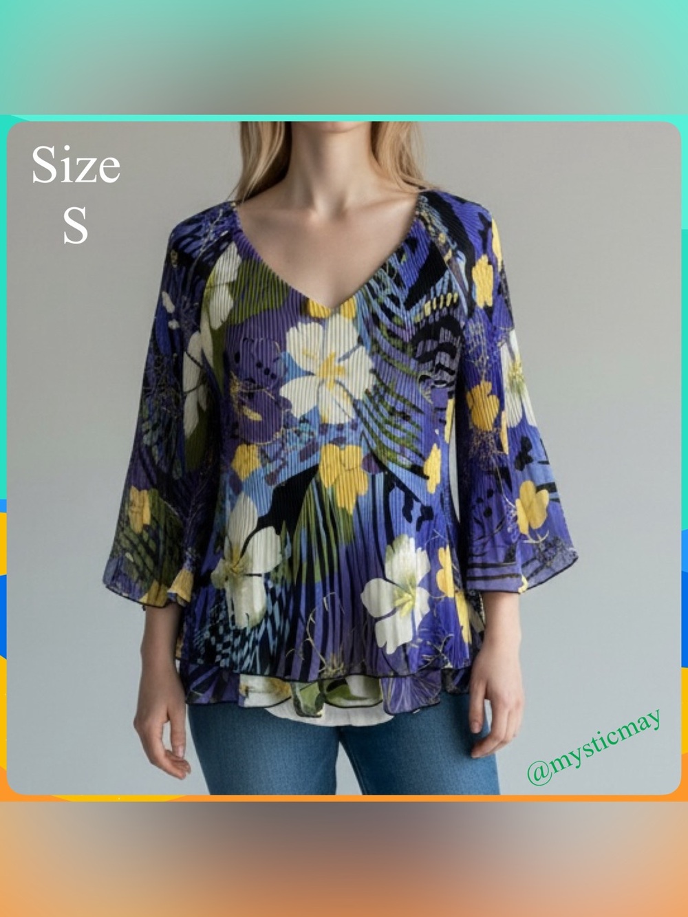 Petites PIANO Purple Black Floral Accordion Pleat BELL SLEEVE BLOUSE Top Size S